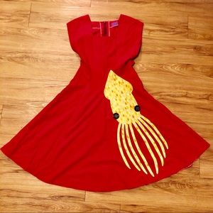Red Tea Dress with Octopus custom handmade S